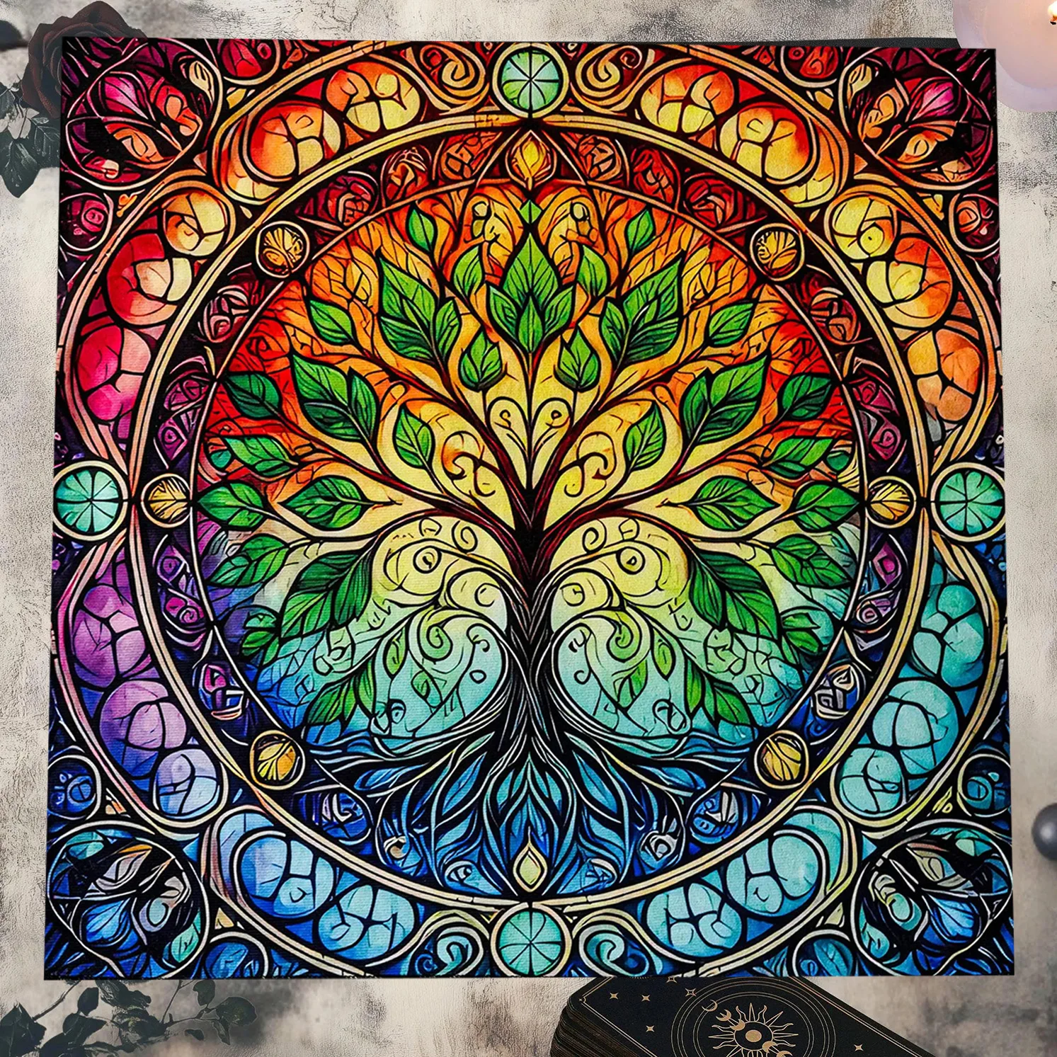 Buntglas-Baum des Lebens Altartischdecke, Chakra Regenbogen Hexerei Tarotmatte, Heidnische Spirituelle Dekoration Image