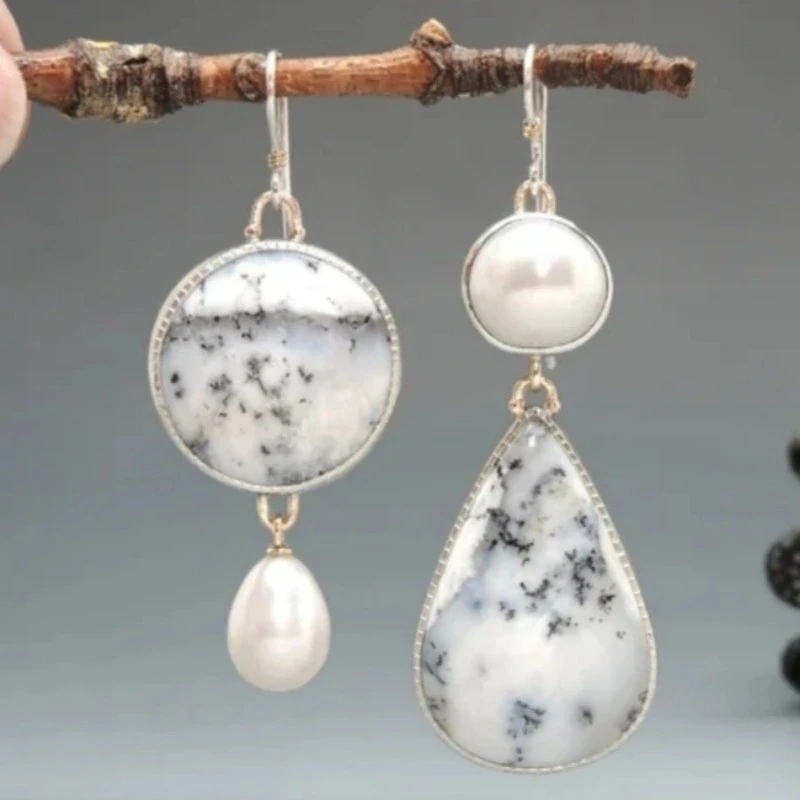 Elegante Geometrische Hängeohrringe mit Eingelegtem Synthetischem Weißem Türkis, Modischer Exquisiter Schmuck für Bankette und Urlaub