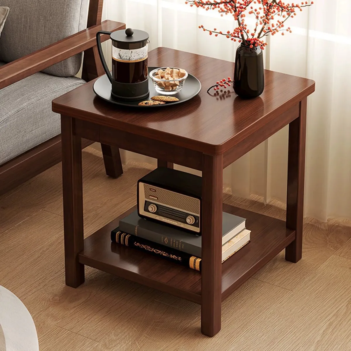 Retro-Stil Massivholztisch mit quadratischen Kanten, Massivholz-Ecktisch, quadratischer Couchtisch, quadratischer Wohnzimmertisch, Gartentisch