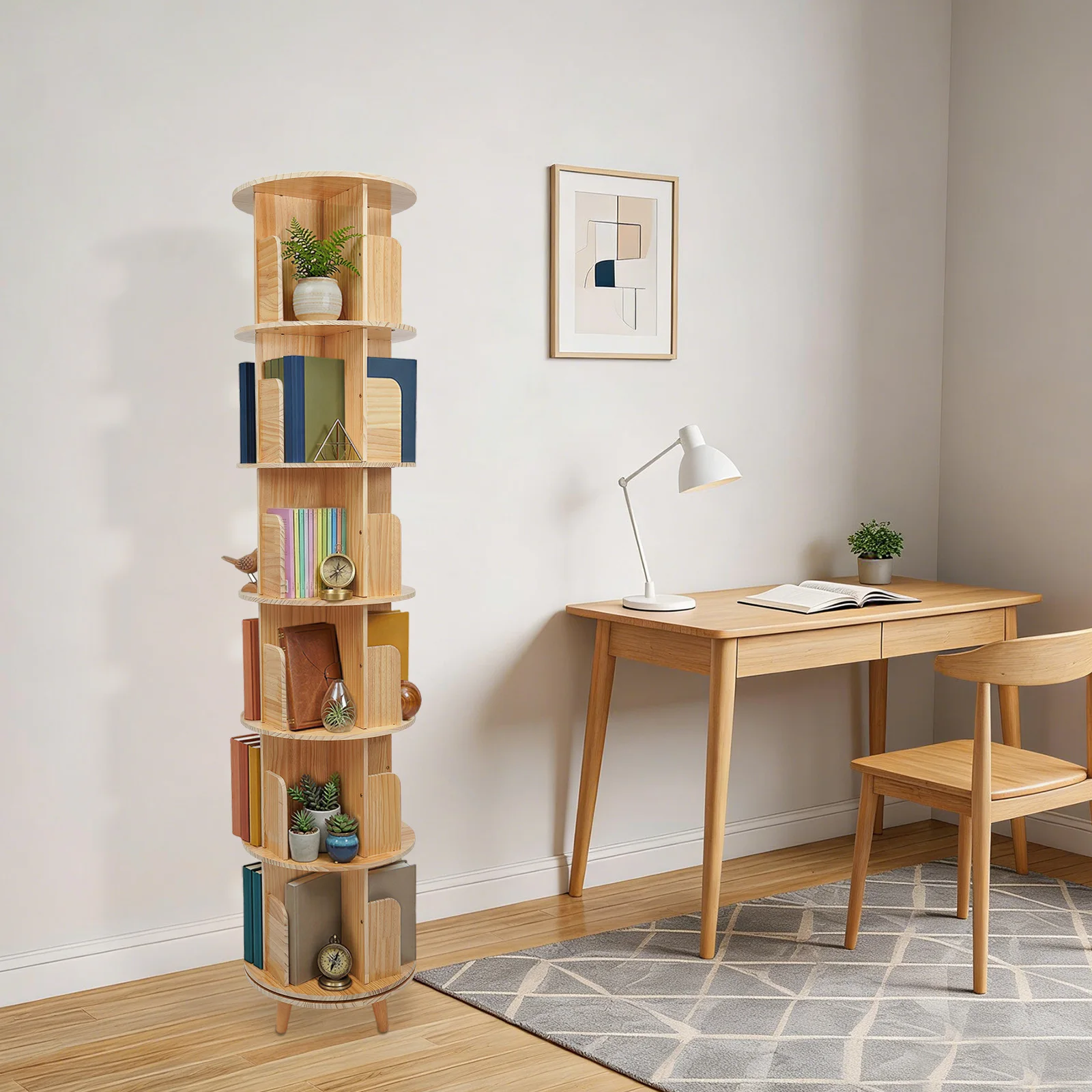Drehbarer Bücherständer, 6-stufiges Bodenstehendes Bücherregal aus Massivholz mit Beinen, Kiefernholz-Bücherregal für Wohnzimmer, Büro, Arbeitszimmer Image