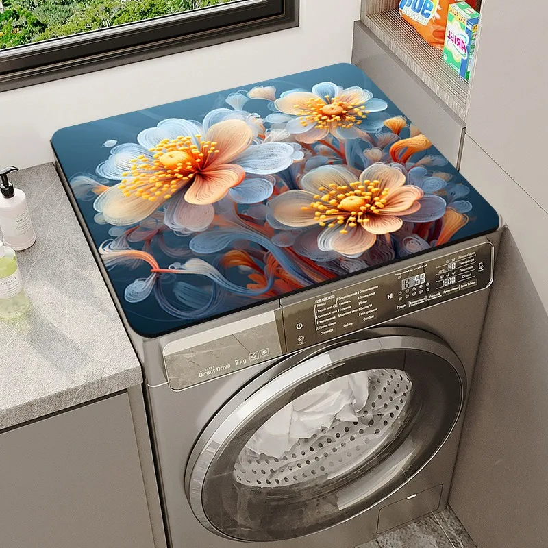 Waschmaschine, Trockner, Blumenmuster, Abdeckungen für die Oberseite, rutschfeste Geschirrmatte, schnell trocknend, für die Dekoration von Waschküchen Image