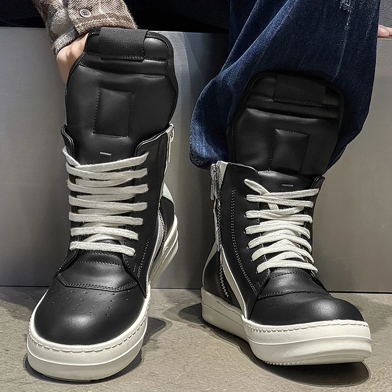 Marken-Herrenschuh Lässiger Hochwertiger Herren-Sneaker Schwarzer Knöchelstiefel Geo-Leder Schnürung Modischer Dicker Sohlen Flacher Reißverschluss-Sneaker