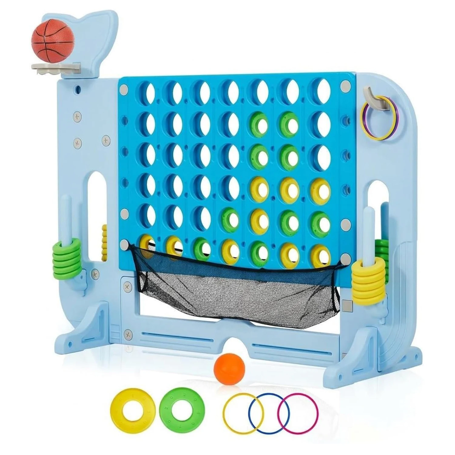 Ensemble de jeu géant 4-en-1 Giant Connect, hauteur réglable, panier de basket, jeu de lancer d