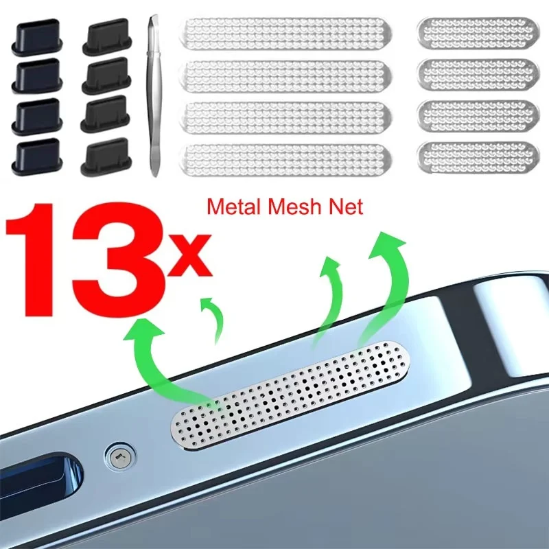 13 Stück staubdichte Netz-Aufkleber für Mobiltelefone, Staubschutz für Ladeanschlüsse und Lautsprecherlöcher, Metallgitter-Staubschutz für iPhone, Xiaomi, Huawei Image