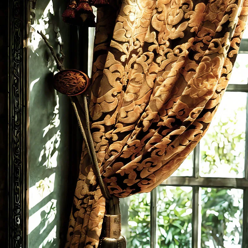 Fenster-Jacquard-Vorhänge 3D Verdunkelung Modern Wohnzimmer Terrasse Schlafzimmer Fensterdekorationen mit Haken zur Dekoration Gold Verdunkelungsvorhänge