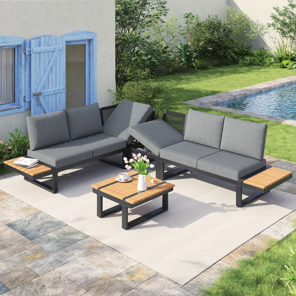 Konvertierbares Garten-Set 2 Relaxliegen 5-Stufen 55 ° Verstellbarer Kaffeetisch mit Neigungsfunktion, aus verzinktem Stahl mit Kunststoff-Holzplatte und Stauraum