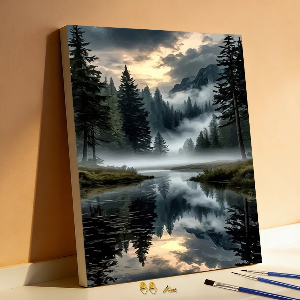Huacan Malen nach Zahlen: Wald-Baum-DIY-Ölgemälde, digitales Ölgemälde, Reflexion, Nebel, Landschaft, Wanddekoration für Wohnzimmer