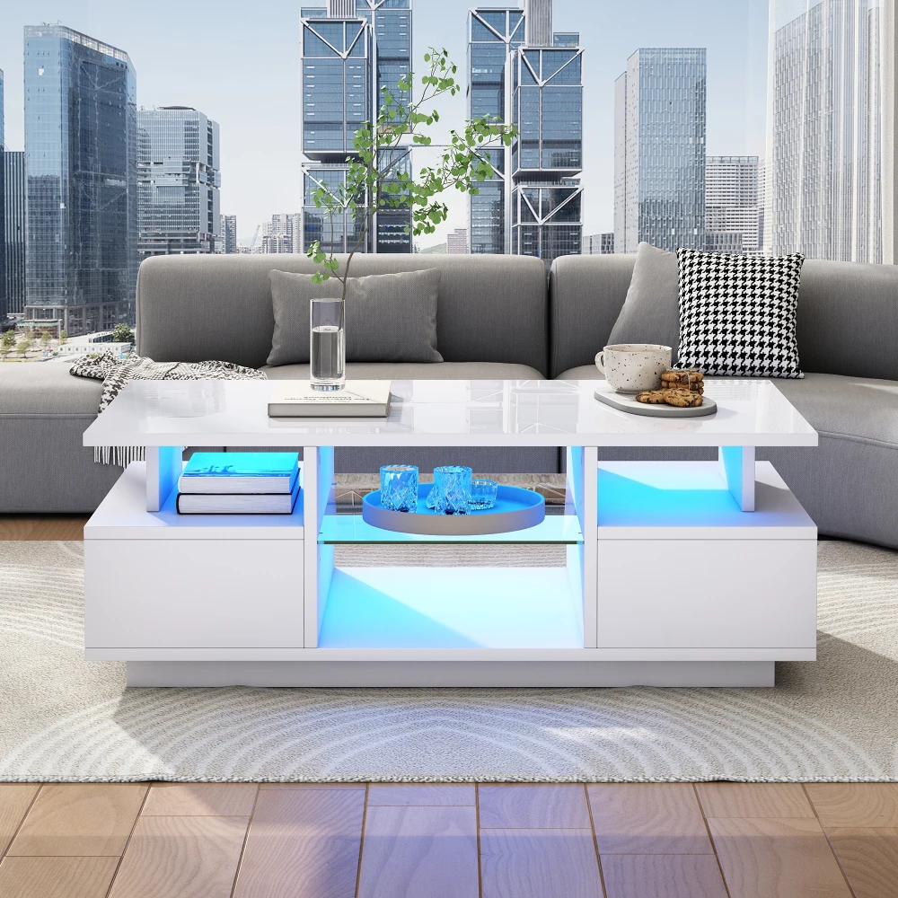 Moderner weißer Hochglanz-LED-Couchtisch, 100 x 50 x 36 cm, multifunktionaler Sofa-Beistelltisch mit 2 Schubladen, offener Stauraum, Glastrennwand