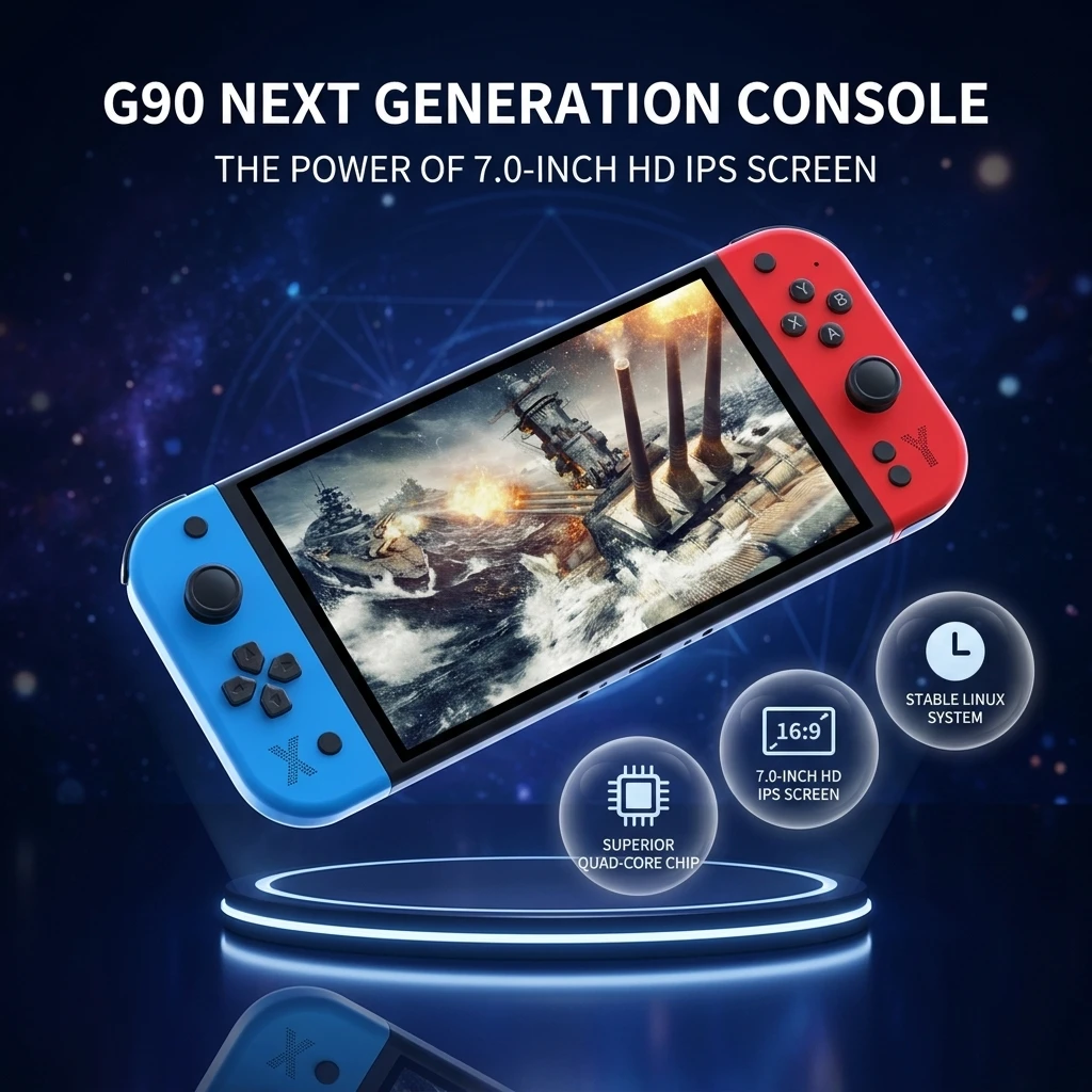 Die G90 Retro-Arcade-Handheld-Konsole bietet eine lange Akkulaufzeit und ein leichtes, tragbares Design und kann an einen Fernseher angeschlossen werden. Image