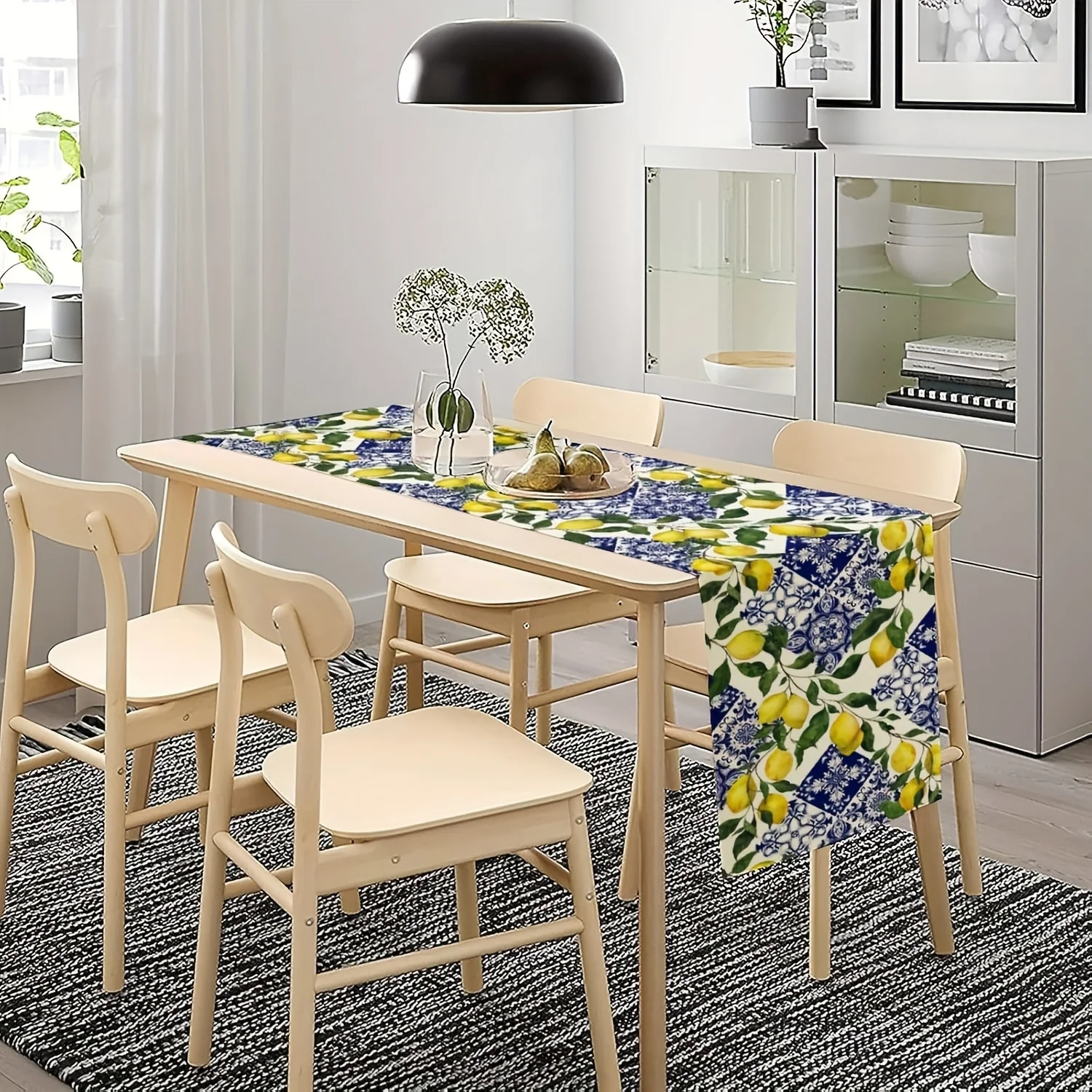 1 Stück Leinen-Tischläufer - mit Blauem Fliesen-Zitronen-Print für Landhaus, Zuhause, Küche, Innen- und Außenbereich, Partydekoration Image