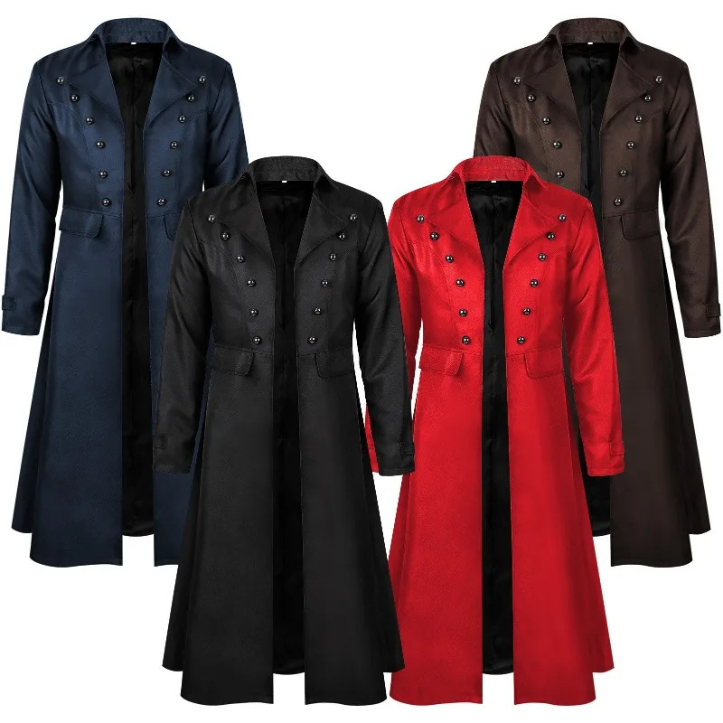 Herren Einfarbige Modische Steampunk Vintage-Jacke Rot mit Stehkragen Bühnenkostüm Europäische Größen S-XXL