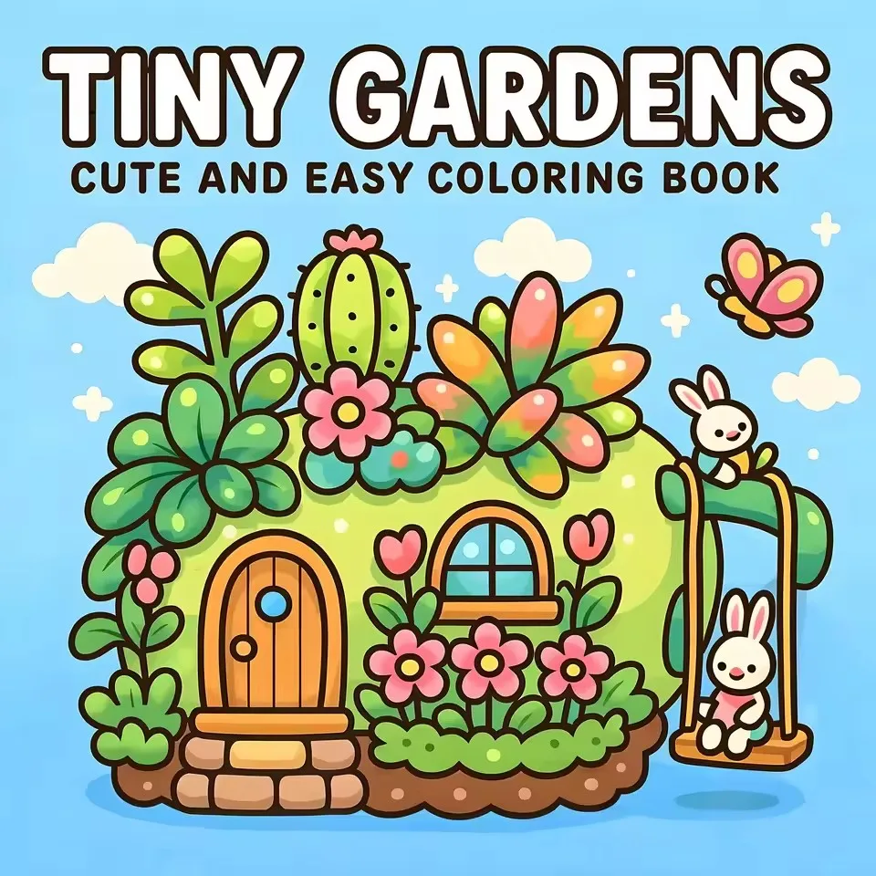 TINY GARDENS Malbuch für Erwachsene – kräftiges, einfaches, süßes Muster, entspannendes Zeichnen, Geschenk für die Geburtstagsfeier Image