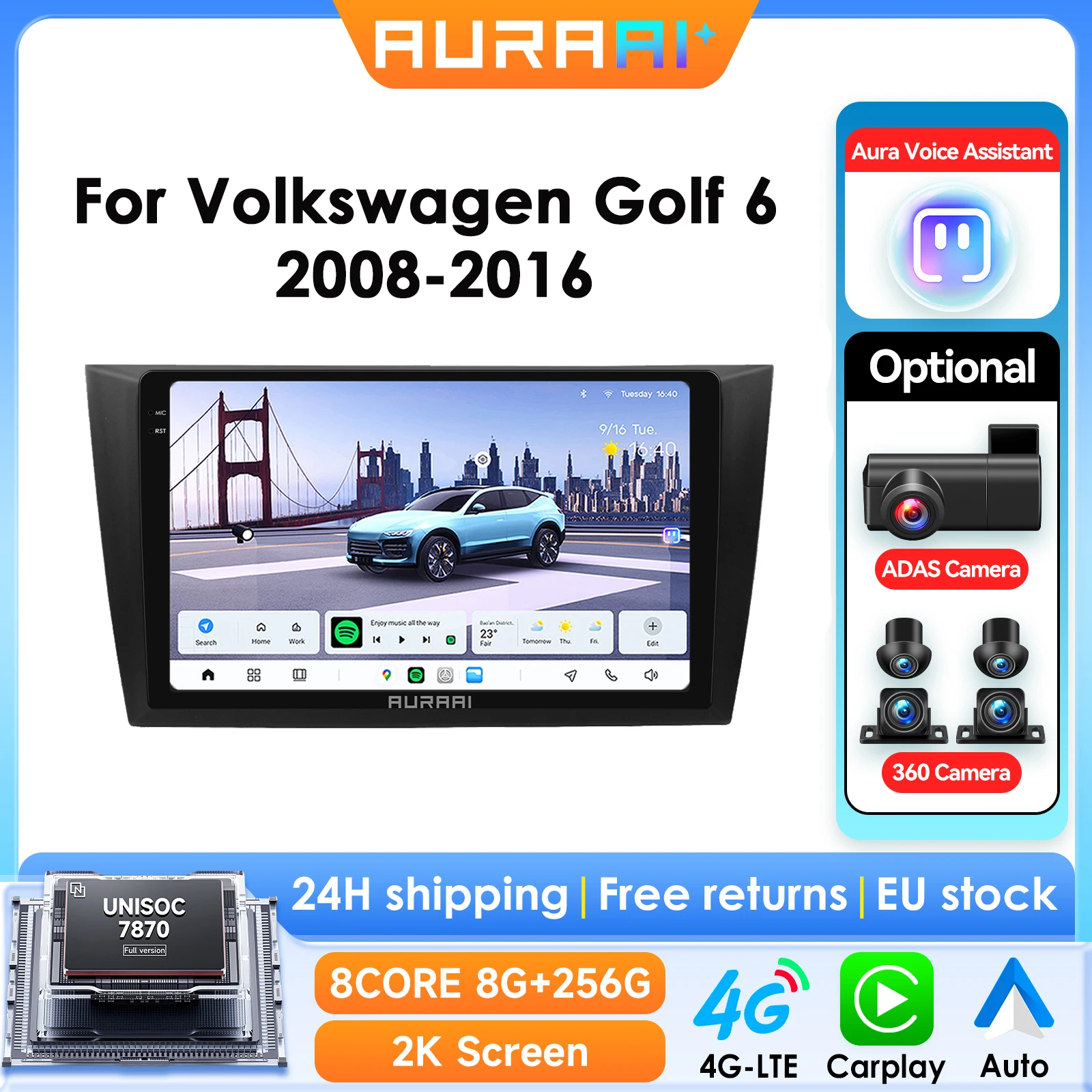 Autoradio Intelligente ARAI Android 13 8G 256G per Volkswagen Golf 6 2008-2016 GPS CarPlay ADAS Telecamera 360 Schermo 2K 3D UNISOC 7870
