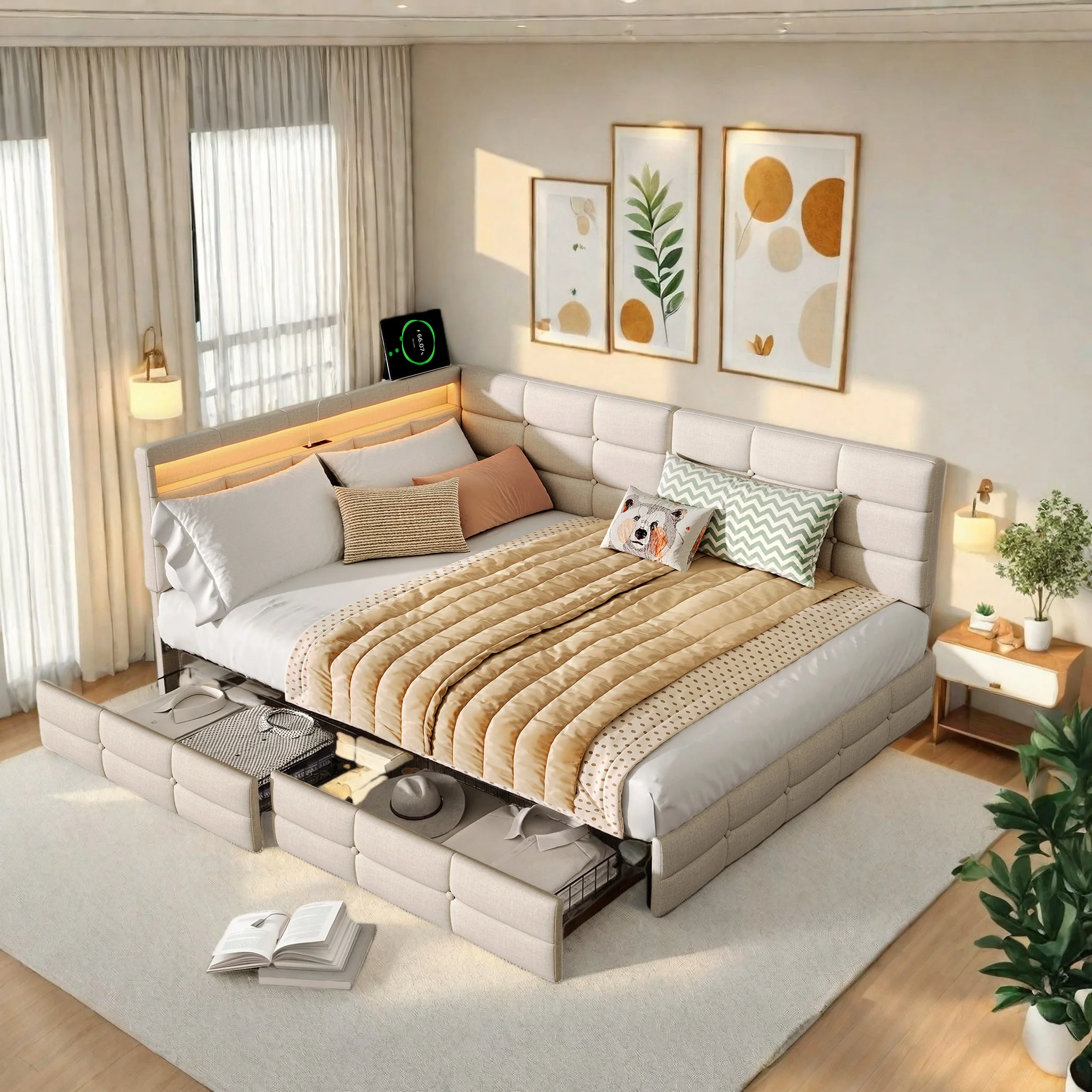 Polsterbett Schlafsofa 140x190, Einzelbett mit LED und USB, Daybett Tagesbett mit 2 Schubladen, Jugendbett Kinderbett Sofabett Gästebett Bettgestell mit Lattenrost, Leinen, Beige