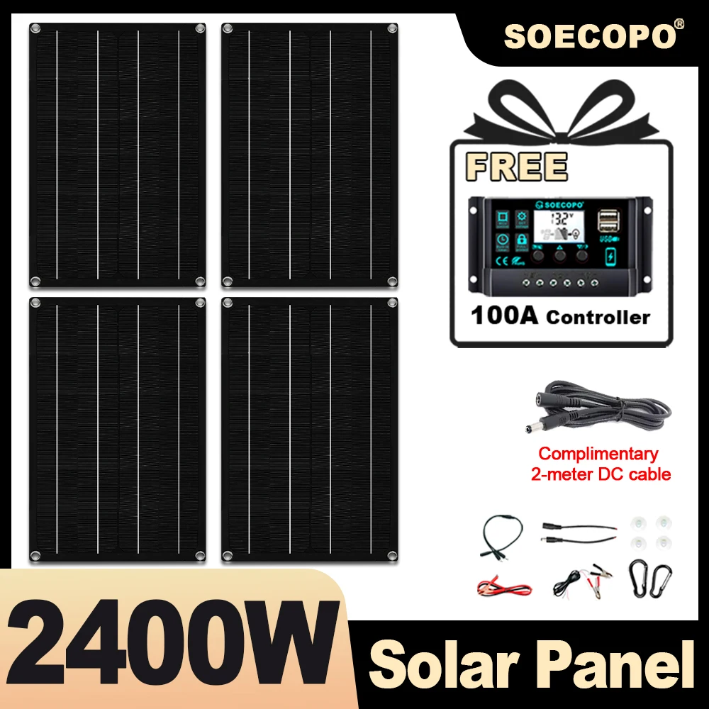 SOECOPO 2400 W tragbares Solarpanel-Set – 4 x 600 W Solarmodule, kostenloser 100-A-Controller, Dual-USB, 5 V, für die Stromverso Image