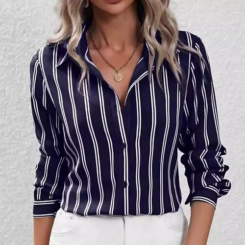 Per donna Camicia Camicia Estiva Camicia casual Camicia con Bottoni A righe Elegante Vacanza Moda Manica Lunga Collo ripiegato Top Regolari Quotidiano Ferie Uscire Blu marino Verde Estate Primavera