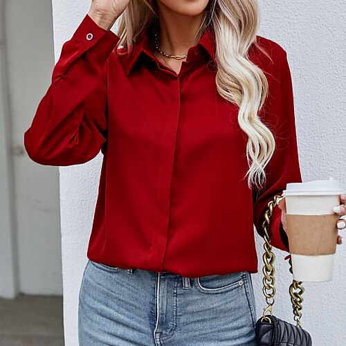 Per donna Camicia Blusa Top in chiffon Patchwork Bottoni Semplice Elegante Vacanza Vintage Manica Lunga Colletto a Camicia Top Regolari Quotidiano Ferie Uscire Nero Bianco Giallo Vino Azzurro cielo