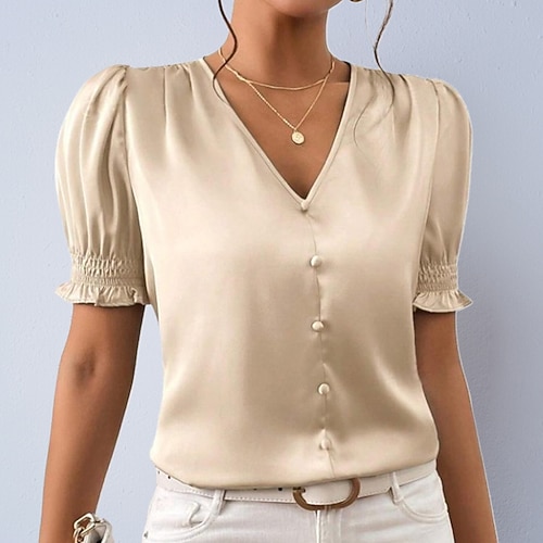 Per donna Camicia camicetta di raso Camicia elegante Tinta unica Semplice Elegante Moda Casual Manica Corta Manica a Palloncino Scollo a V Top Regolari Abbigliamento casual alla moda Ufficio Lavoro