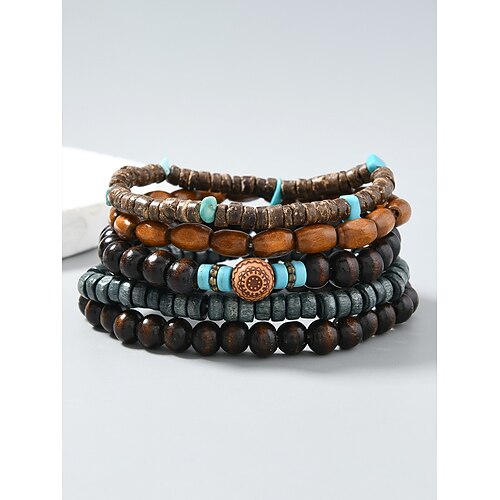 set di braccialetti di perline di legno impilabili in stile bohémien da uomo, bracciale etnico tribale multistrato con accenti turchesi, gioielli fatti a mano per le vacanze al mare e per tutti i giorni casual da uomo