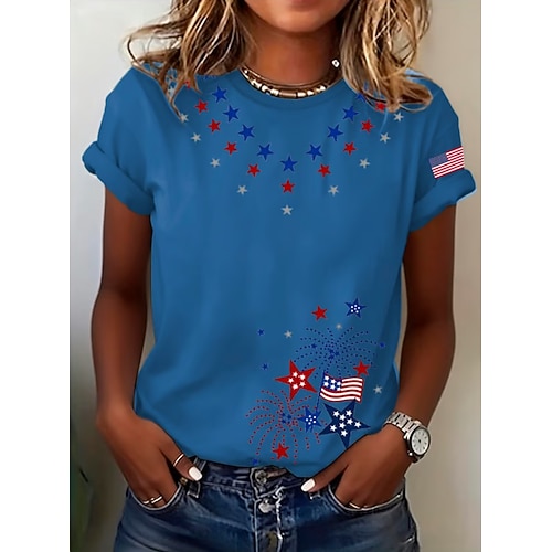 Giorno dell'Indipendenza Americana Per donna Maglietta Stampato Grafico Lettera Bandiera Americana Elegante Classico Casual Manica Corta Girocollo Top Regolari Quotidiano Blu Beige chiaro Nero Bianco