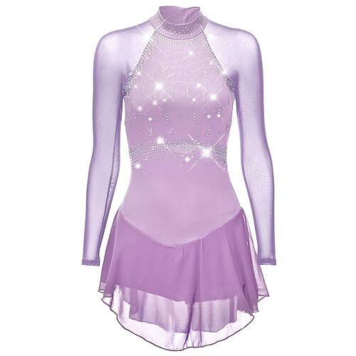 Abito da pattinaggio artistico Per donna Pattinaggio sul ghiaccio Vestito Nero Bianco Viola scuro Patchwork Schiena aperta Elasticizzato Allenamento Competizione Vestiti da pattinaggio sul ghiaccio