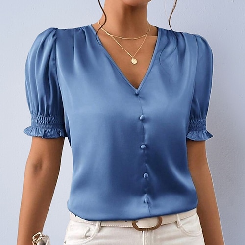 Per donna Camicia camicetta di raso Camicia elegante Tinta unica Semplice Elegante Moda Casual Manica Corta Manica a Palloncino Scollo a V Top Regolari Abbigliamento casual alla moda Ufficio Lavoro