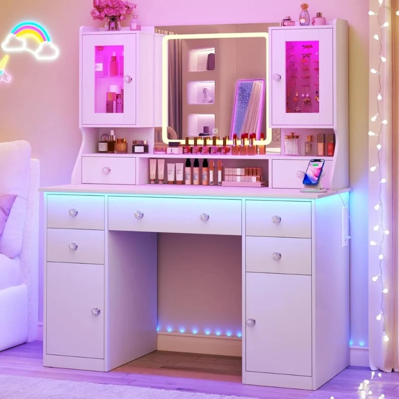 Schminktisch mit Spiegel & Beleuchtung, 42'' Großer Make-up-Tisch mit 2 RGB-Schmuckschränken & 7 Schubladen, Weißes Schminktisch-Set