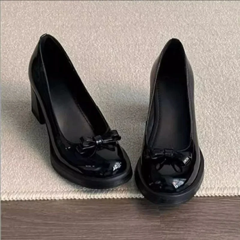 Vintage Schleife Flache Einzelschuhe Damen Slip-On High Heels Blockabsatz Vielseitige Pendler-Mary-Jane-Schuhe
