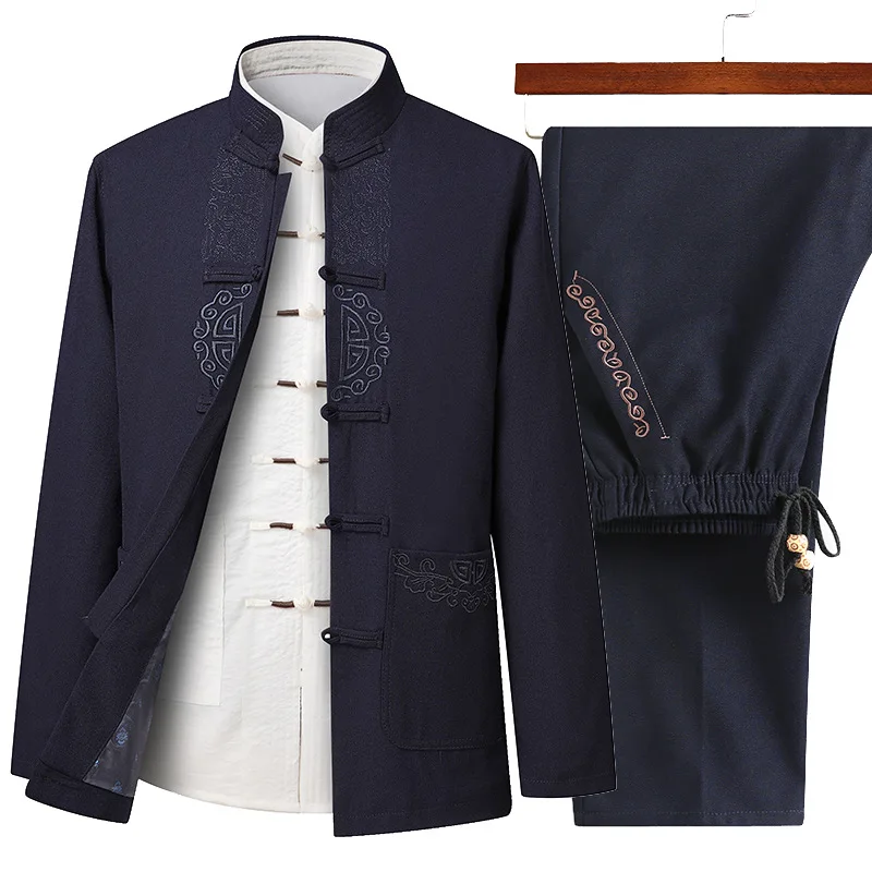 Chinesische traditionelle Männer Tang Anzug Tops Hosen Hanfu orientalische Stickerei Kleidung setzt lässige Kung Fu Tai Chi Uniform Image