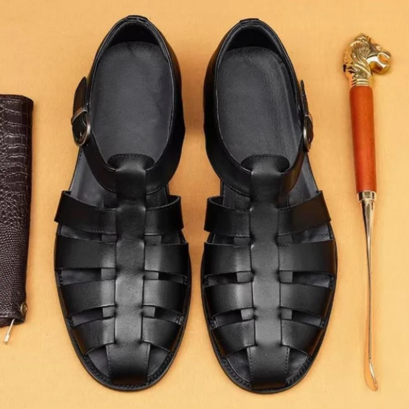 Elegante Herren-Sandalen aus echtem Leder, luxuriöse Business-Freizeitschuhe für Herren, rutschfeste Arbeitsschuhe, Plattform-Gladiator-Sandalen, Größe 46