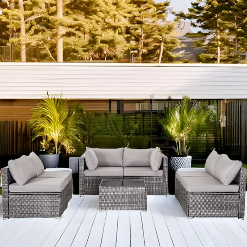 --Gewebe-Sofagarnitur für den Außenbereich, PE-Rattan-Terrassen-Gesprächsset mit Kissen und Couchtisch für draußen, Garten, Pool, Por