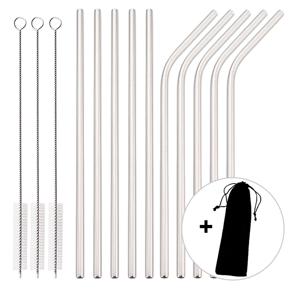 14-teiliges Silbernes Wiederverwendbares Trinkhalm-Set Metall-Strohhalme mit Reinigungsbürste 304 Edelstahl-Strohhalme Umweltfreundliches Trinkzubehör-Set Image