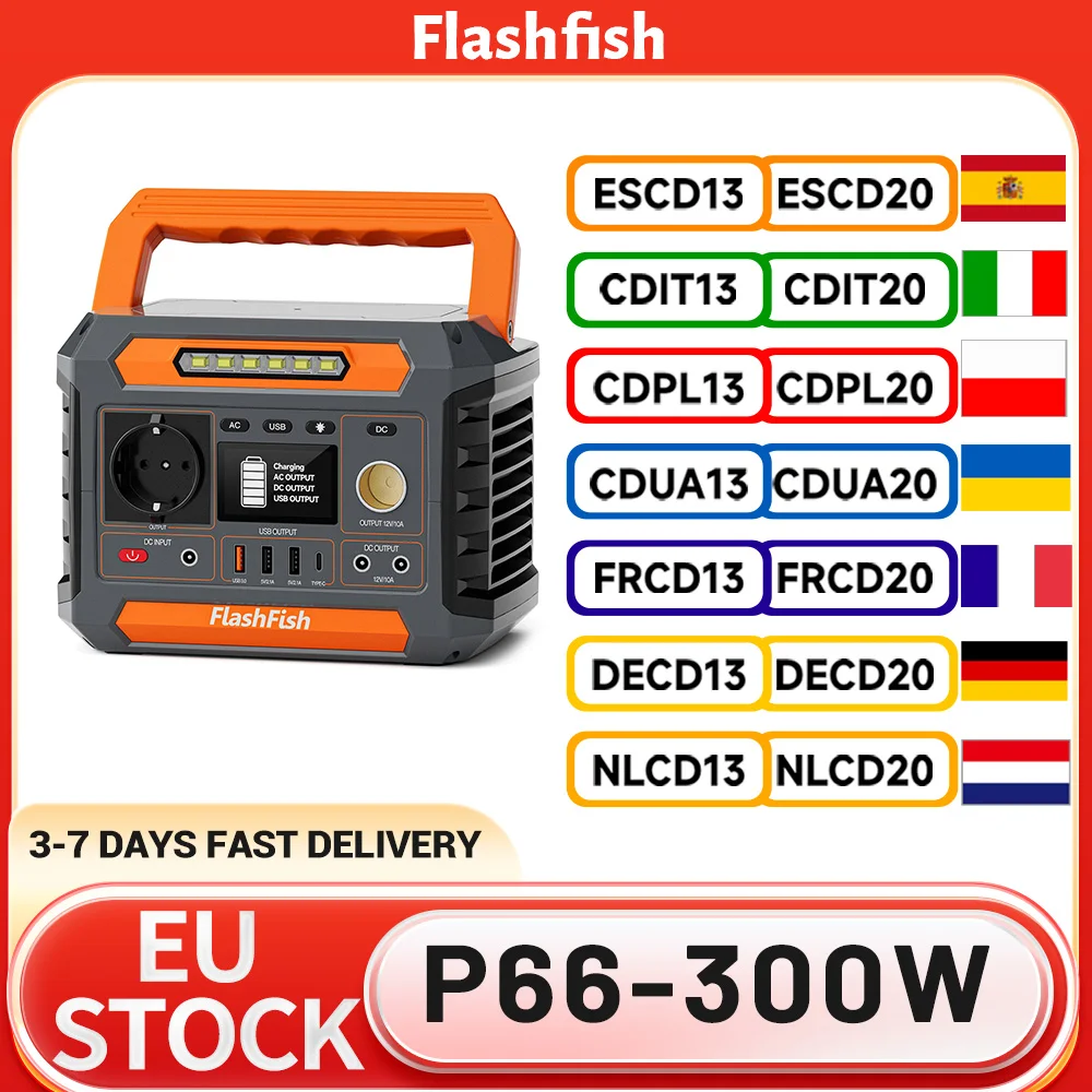 Station d'alimentation portable Flashfish P66, générateur extérieur 300W 230.88Wh, 8 prises, USB-C QC3.0, charge solaire, onde sinusoïdale pure