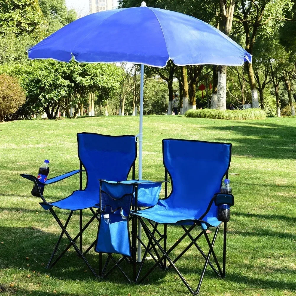 Camping-Doppelstuhl + Sonnenschirm-Tisch, Strandstuhl, faltbar, tragbar, Picknick- und Angelstuhl, Rucksack-Kühlstühle mit Sonnenschutz