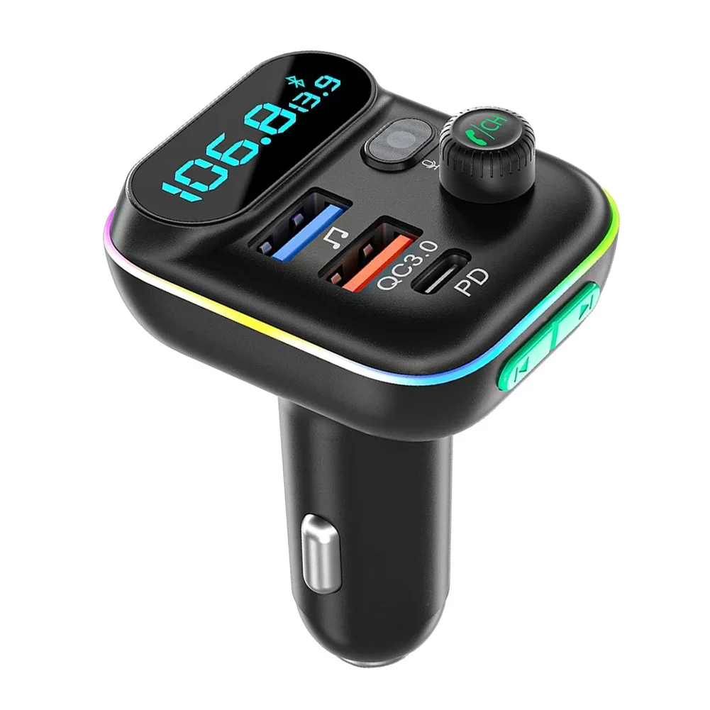 Bluetooth 5.0 FM-Transmitter Dual-Player Musikplayer Typ-C Farbige Ambientebeleuchtung MP3-Player Zigarettenanzünder Auto PD 18W QC3.0 Schnellladegerät Image