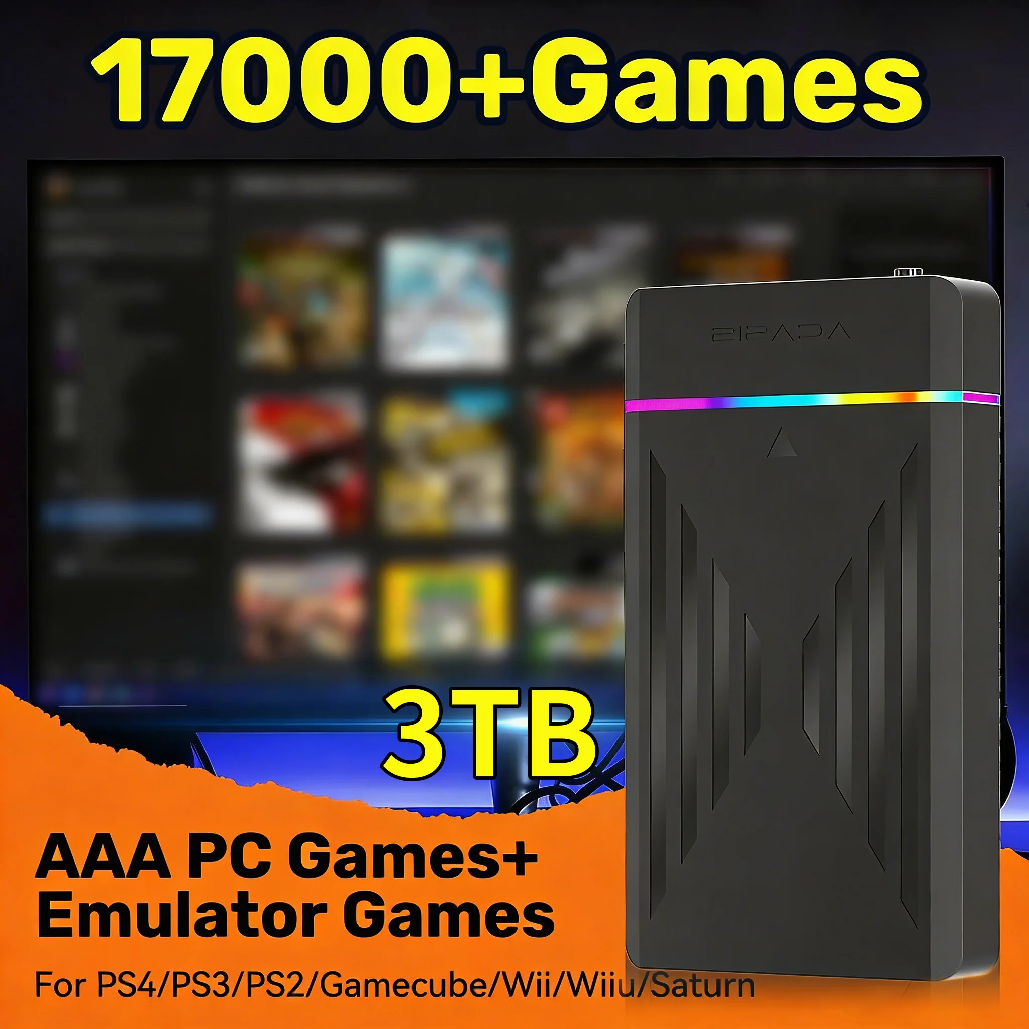 Portable 3TB Gaming HDD Video Game Console with 17000+ Retro&AAA&PC Games for PS4/Switch/PS3/PS2/Wii/Wiiu/SS for Win PC/Laptop