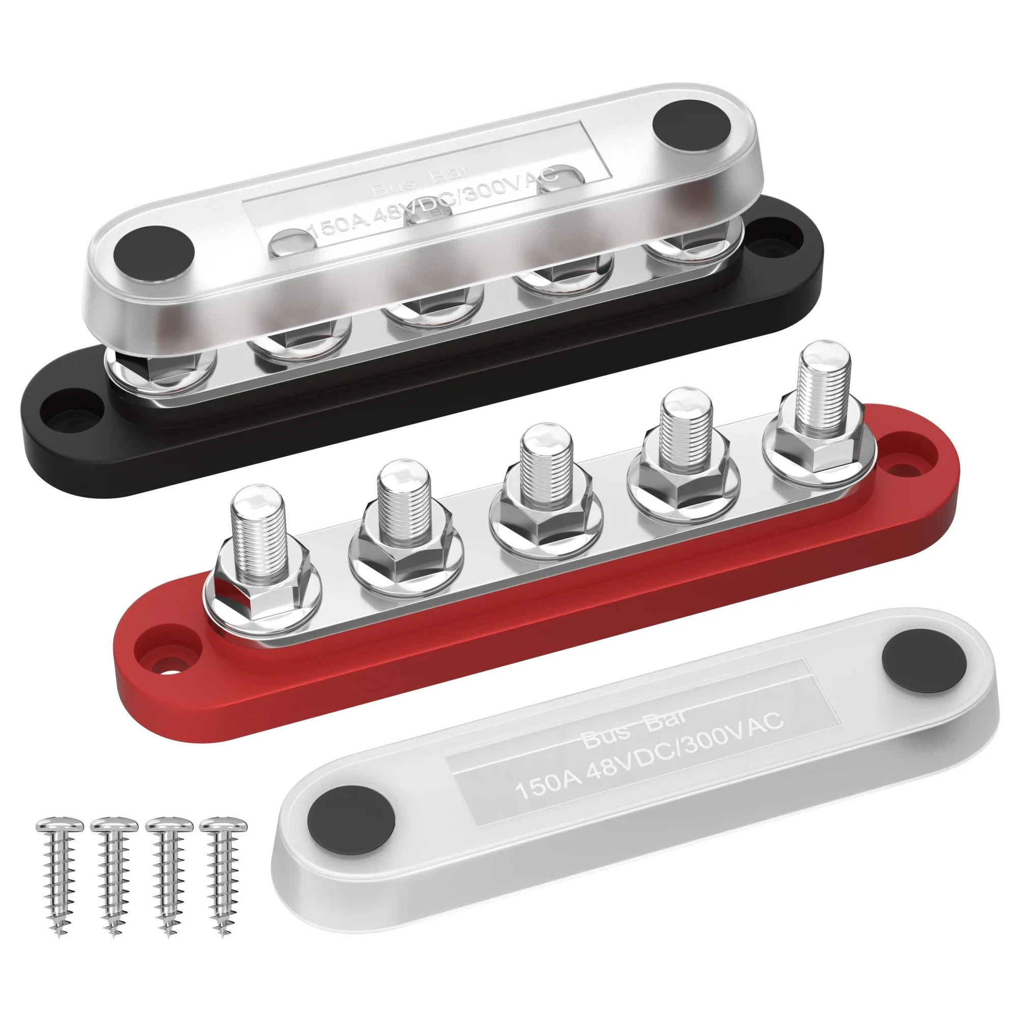 Busbar-Stromverteilerblock 12V mit Abdeckung, 5 x 1/4 Zoll Bolzenklemmen, max. 150A 48VDC, Plus-/Minusanschluss für Kfz Image