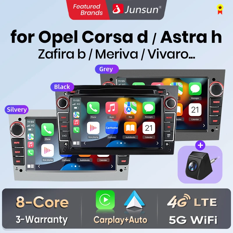 Junsun 7-Zoll-Android-Autoradio für Opel Astra H G J Zafira B Corsa C D Antara Vectra Vivaro, kabelloses CarPlay, Android Auto, GPS-Navigation, Multimedia-Player, IPS-Touchscreen, WLAN, 4G, DSP, RDS, Bluetooth, FM, AM, SWC, DAB, Autoradio,... Image