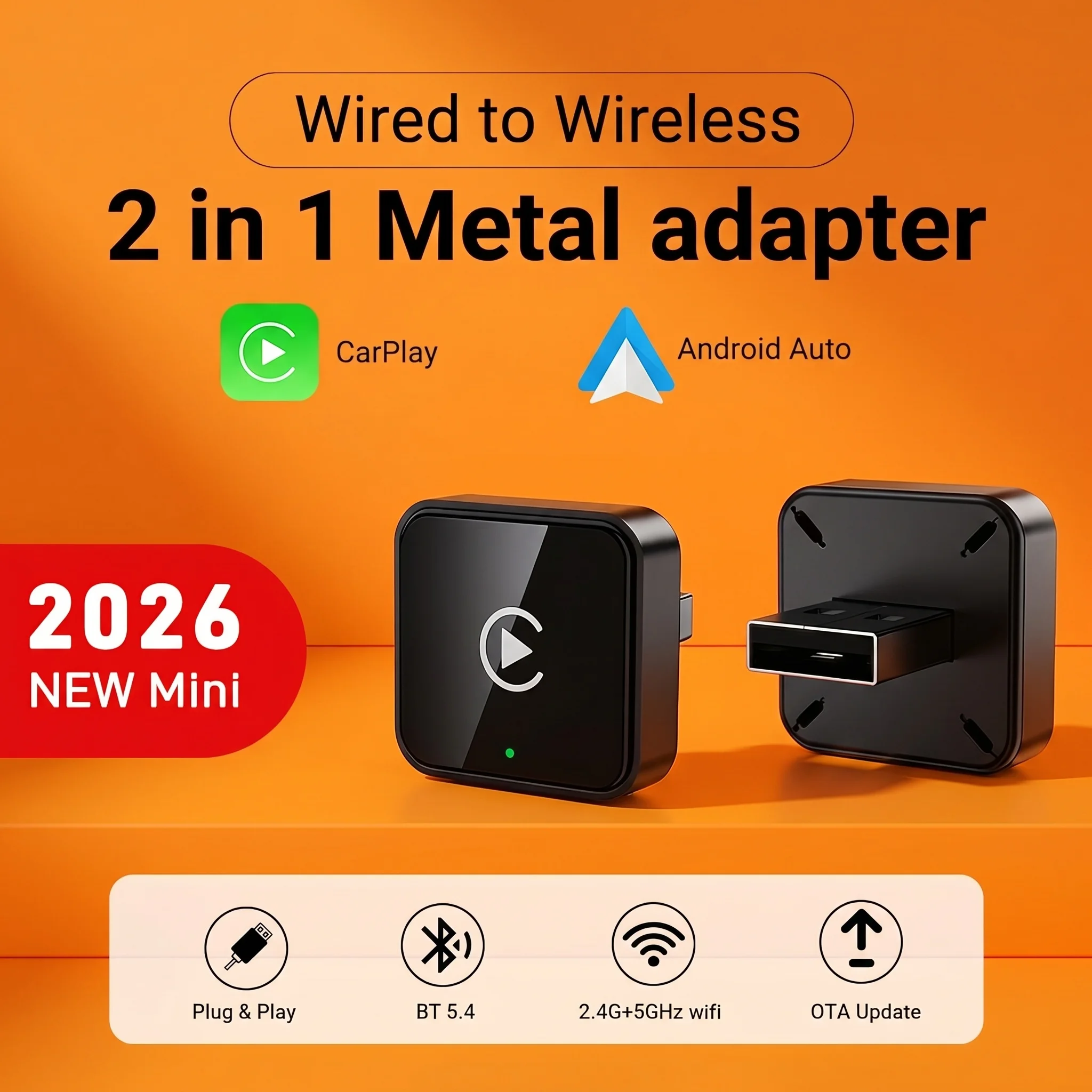 2-in-1 Smart Mini Auto-Adapter, Kabelloser CarPlay Android Auto Universal-Dongle für Auto-Entertainment, Plug-and-Play Hochkompatibel Image