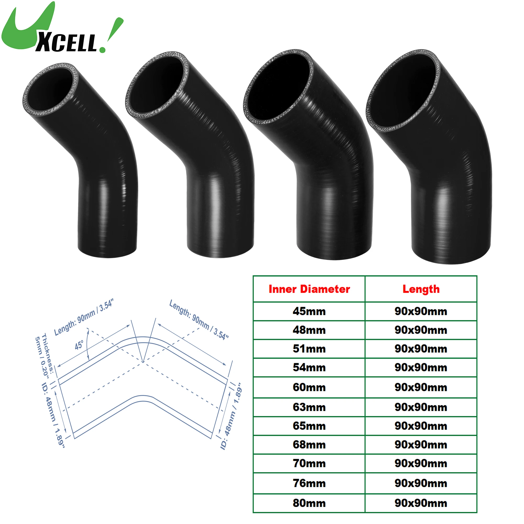 UXCELL 45 Grad 45 mm 48 mm 51 mm 54 mm 63 mm 68 mm 76 mm ID Auto-Silikonschlauchkupplung Kühlmittel-Ladeluftkühlerschlauch Schwarz 90 x 90 mm Länge Image