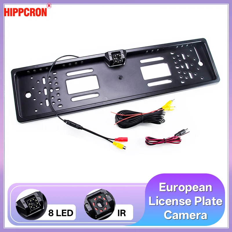 Hippcron Auto-Kennzeichenkamera, Rückansicht, kabellos, EU, europäischer Lizenzrahmen, wasserdichte Nachtsicht, umgekehrte Rückfahrung, 8-LED-Kamera Image