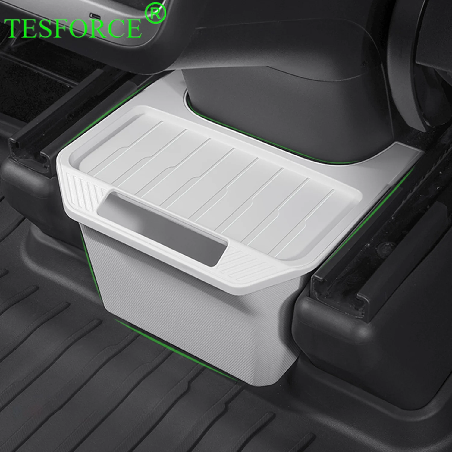 Für Tesla Modell Y 2021-2025 Hinten Mittelkonsole Lagerung Box TPE Organizer Box mit Abdeckung Mülleimer Unter sitz Auto Zubehör Image