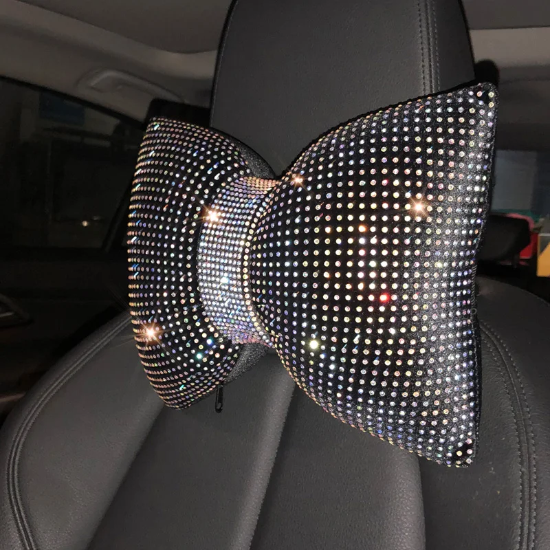 1PC Diamant Kristall Bowknot Auto Hals Kissen Strass Auto Kopfstütze Sitz Unterstützung Taille Kissen Bling Auto Zubehör für Frauen Image