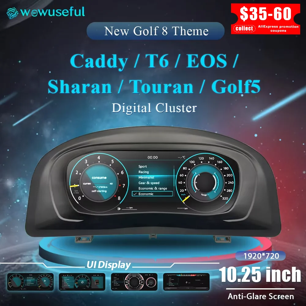 Wowuseful 10,25 LCD-Digital-Armaturenbrett-Cluster für VW Variant Caddy Touran T6 EOS Sharan Golf 5, virtuelles Instrumententafel-Cockpit Image