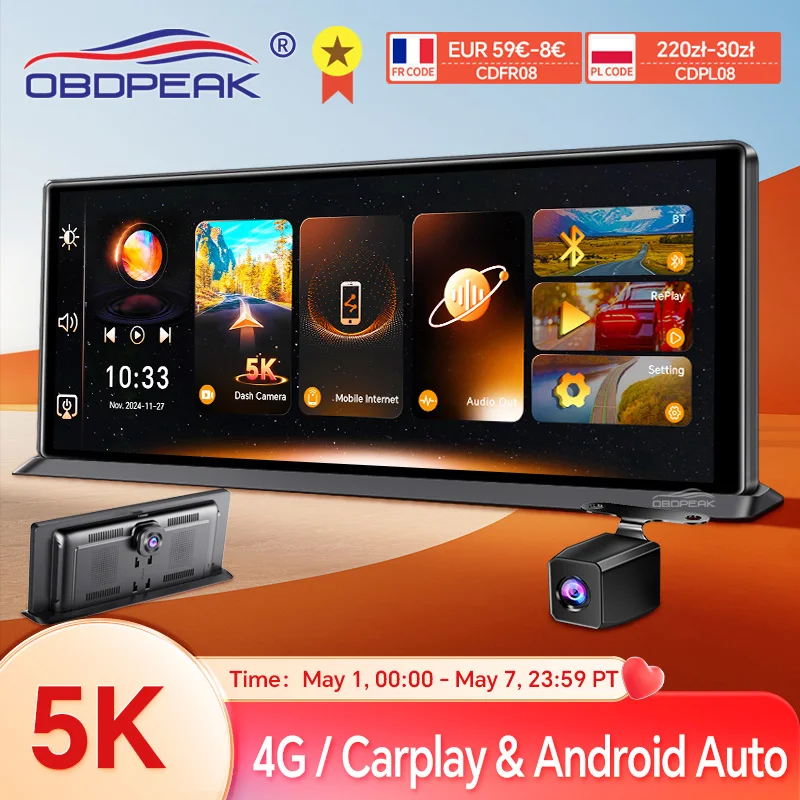 K8 Pro 11,3-Zoll-Touchscreen-Autokamera 5K Dashcam GPS 5G WiFi Wireless CarPlay & Android Auto Loop-Aufnahme GPS-Navigation DVR