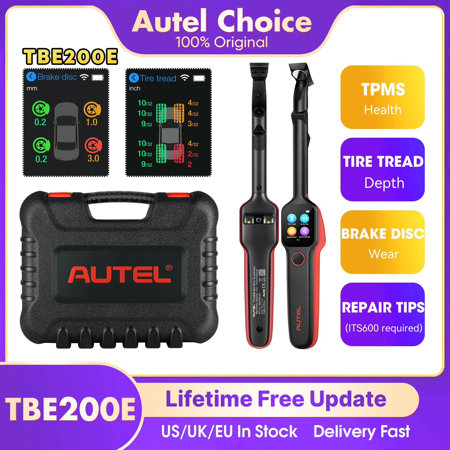 Autel MaxiTPMS TBE200E Reifen-Diagnosescanner, Auto-Werkzeug, Laser-Reifenprofiltiefe und Bremsscheibenschleiß, 2-in-1-Tester, durchgeführt mit ITS600 Image