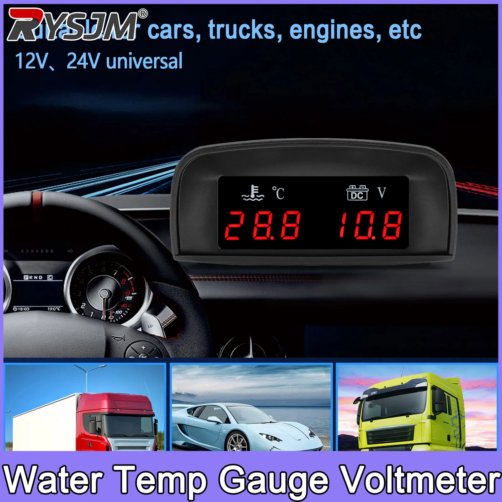 Digitales 2-in-1-Wassertemperaturmessgerät Voltmeter + Auto-Temperatursensor 10mm 1/8 NPT für Auto, LKW, Motorrad, Celsius-Grad Image