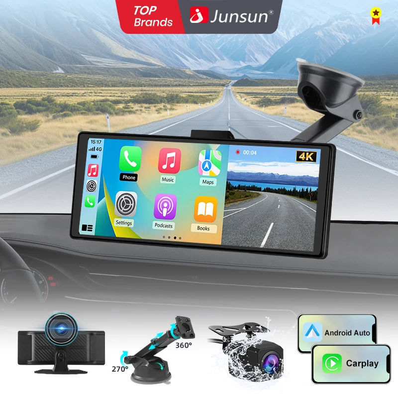 Junsun 10,26 Zoll Dashcam 4K Auto-DVR, kabelloses Carplay für Apple Android Auto, GPS-Navigation, Dashboard-Videorecorder, IPS-Touchscreen, Dual-Objektiv-Rückfahrkamera, BT-Audio, AUX, WIFI, FM Image