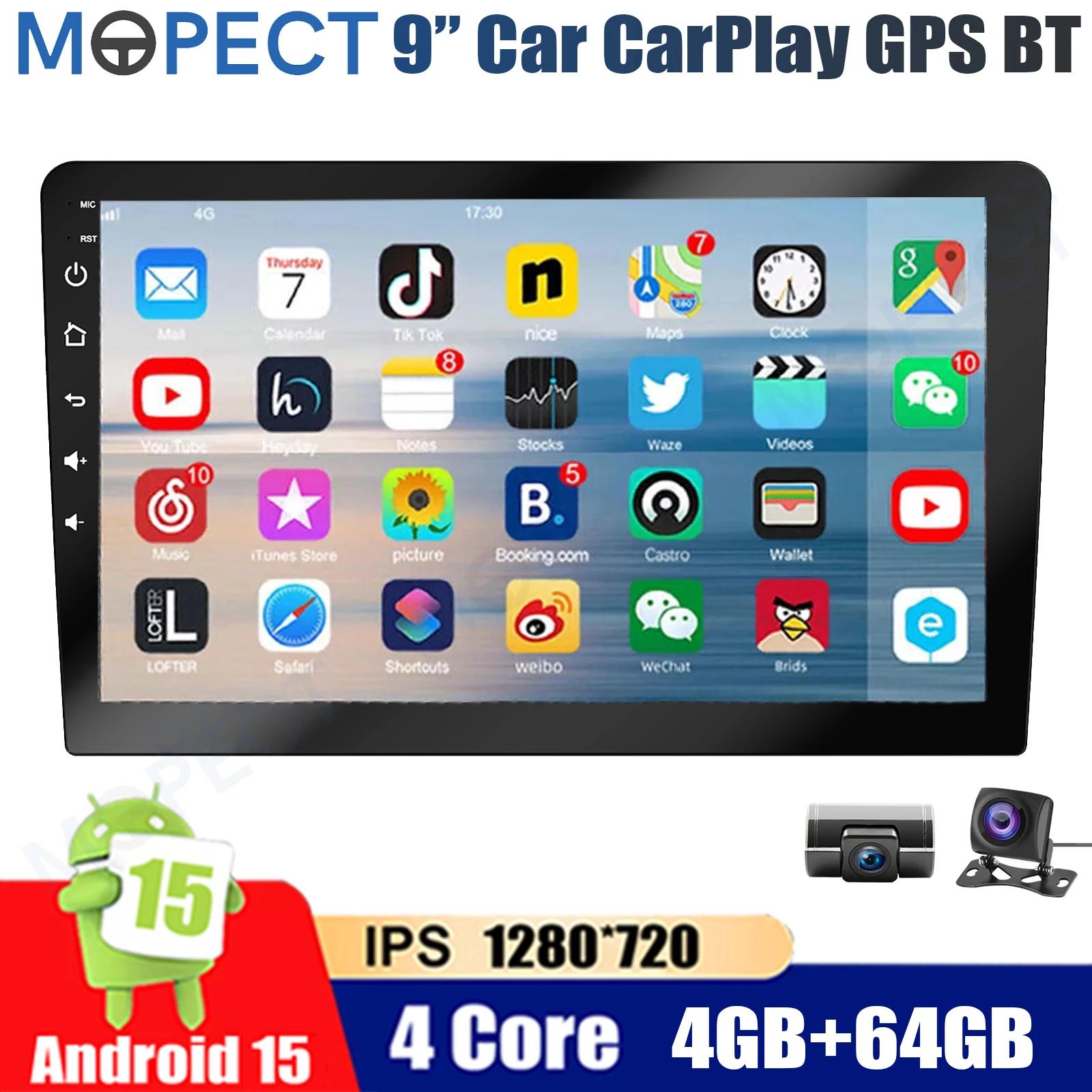 MOPECT Autoradio 9" Doppio DIN 4+64GB Multimediale Universale Android 15 WiFi CarPlay Touch Screen GPS Navi AM/FM+DVR&AHD