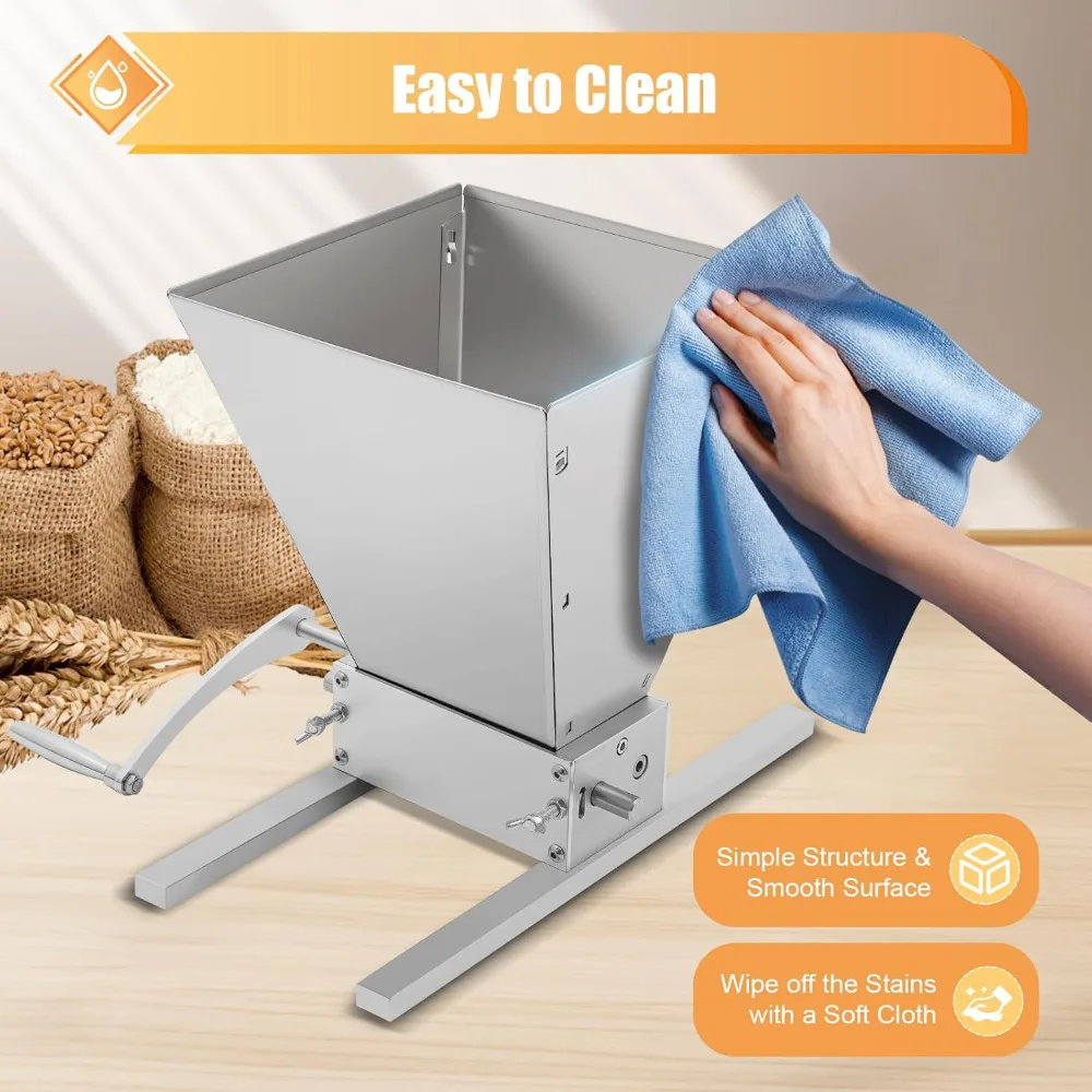 Mulino per Cereali 4L in Acciaio Inox, Macinino Manuale per Malto, Frantumatore a Manovella per Orzo e Grano, per Produzione di Birra Artigianale